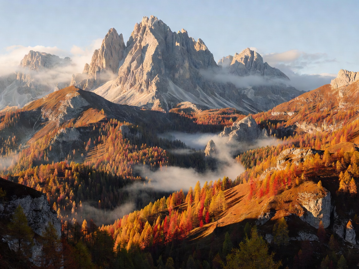 Dramatic peaks of the Italian Dolomites surrounded by green valleys