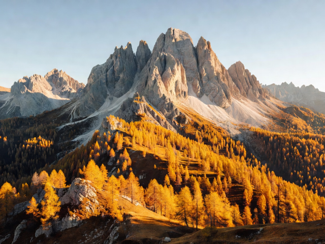 Dramatic peaks of the Dolomites surrounded by golden autumn trees