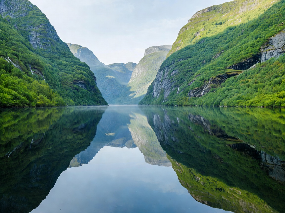 Fjord landscape with water reflecting green mountains Norway