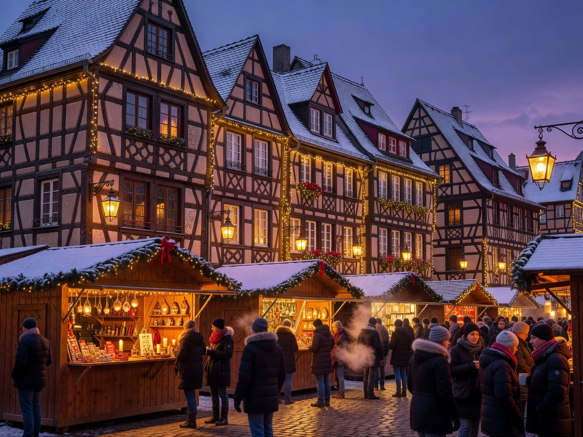 Illuminated medieval timber-framed houses in Strasbourg Christmas Market