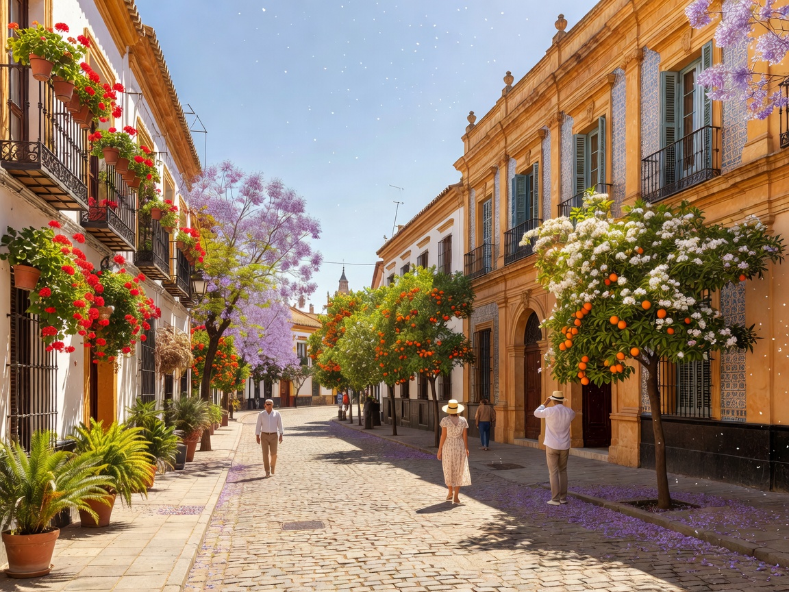 Scenic historic street in Seville Andalusia during sunny spring bloom