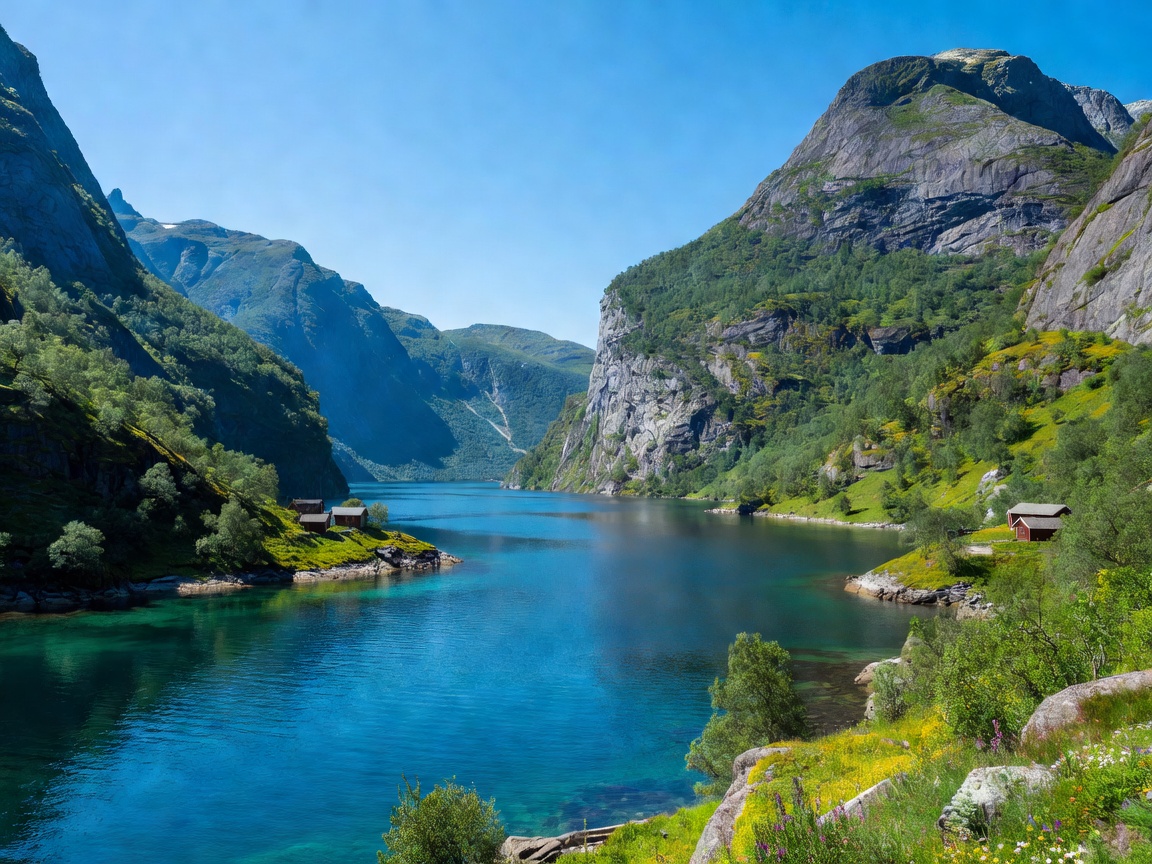 Scenic Norwegian Fjord landscape in summer sunlight