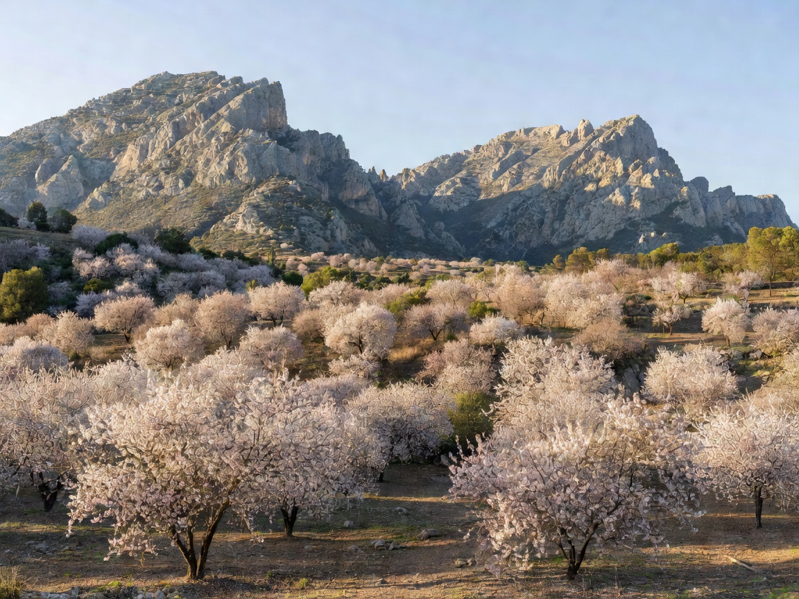 Serra de Tramuntana mountains in Mallorca with almond trees
