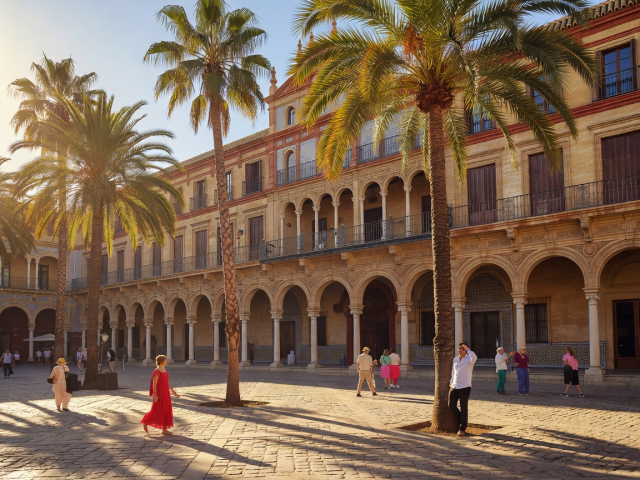 Sunlit Spanish plaza in Seville with palm trees and historic facade